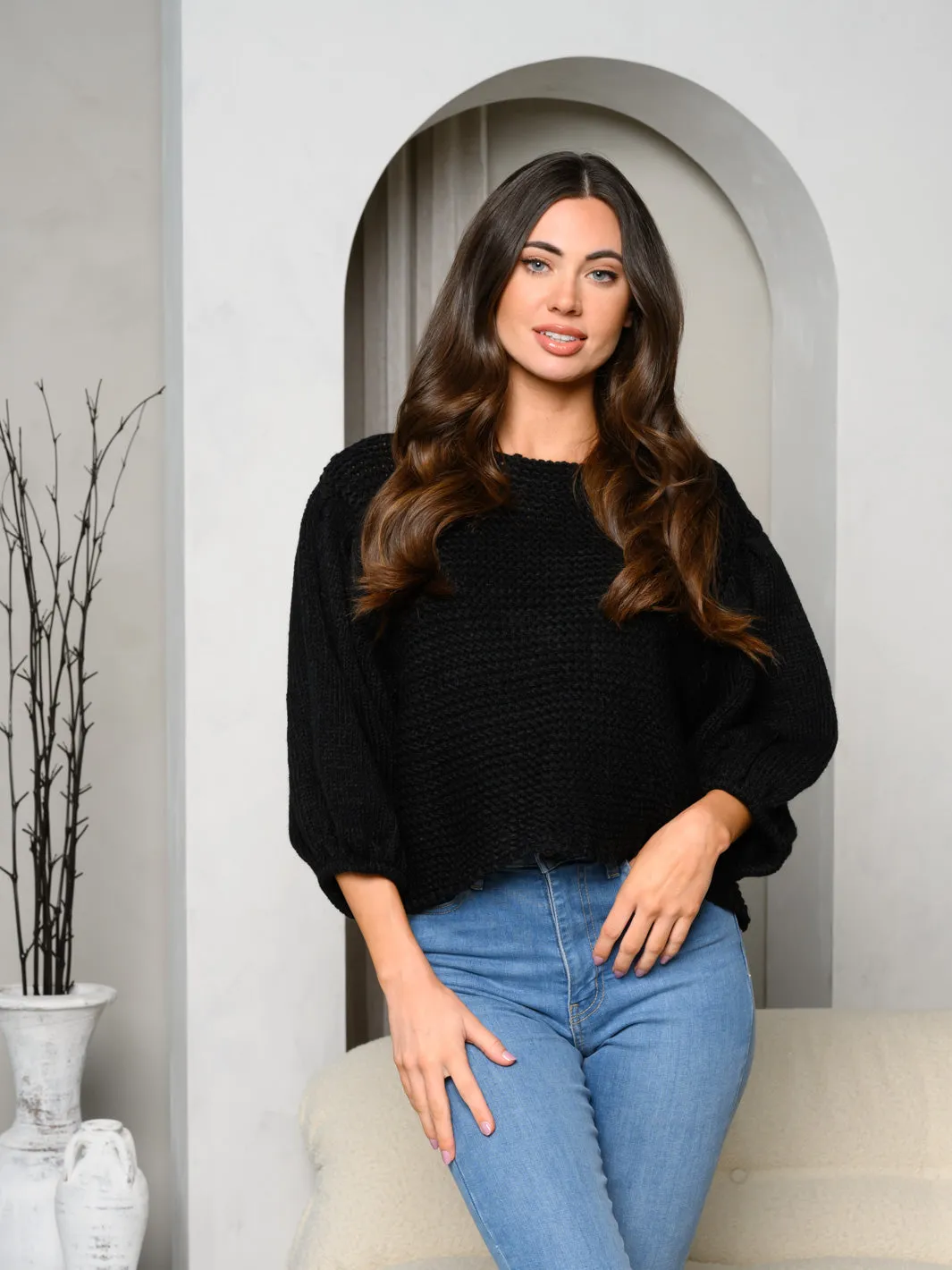 WOMEN'S 3/4 SLEEVES SOLID KNIT SWEATER TOP