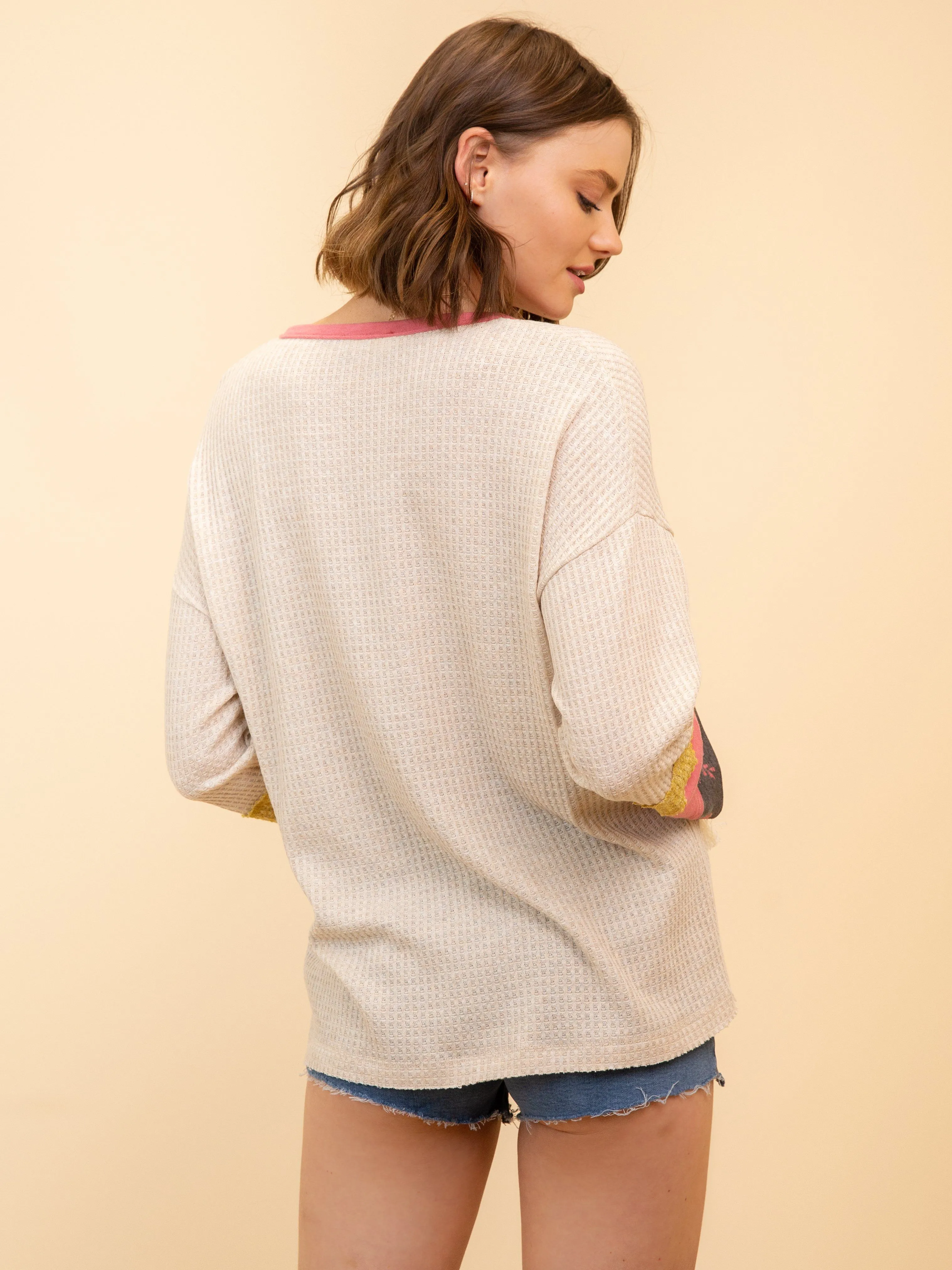 WOMEN'S BEIGE COLOR BLOCK LONG SLEEVE TOP