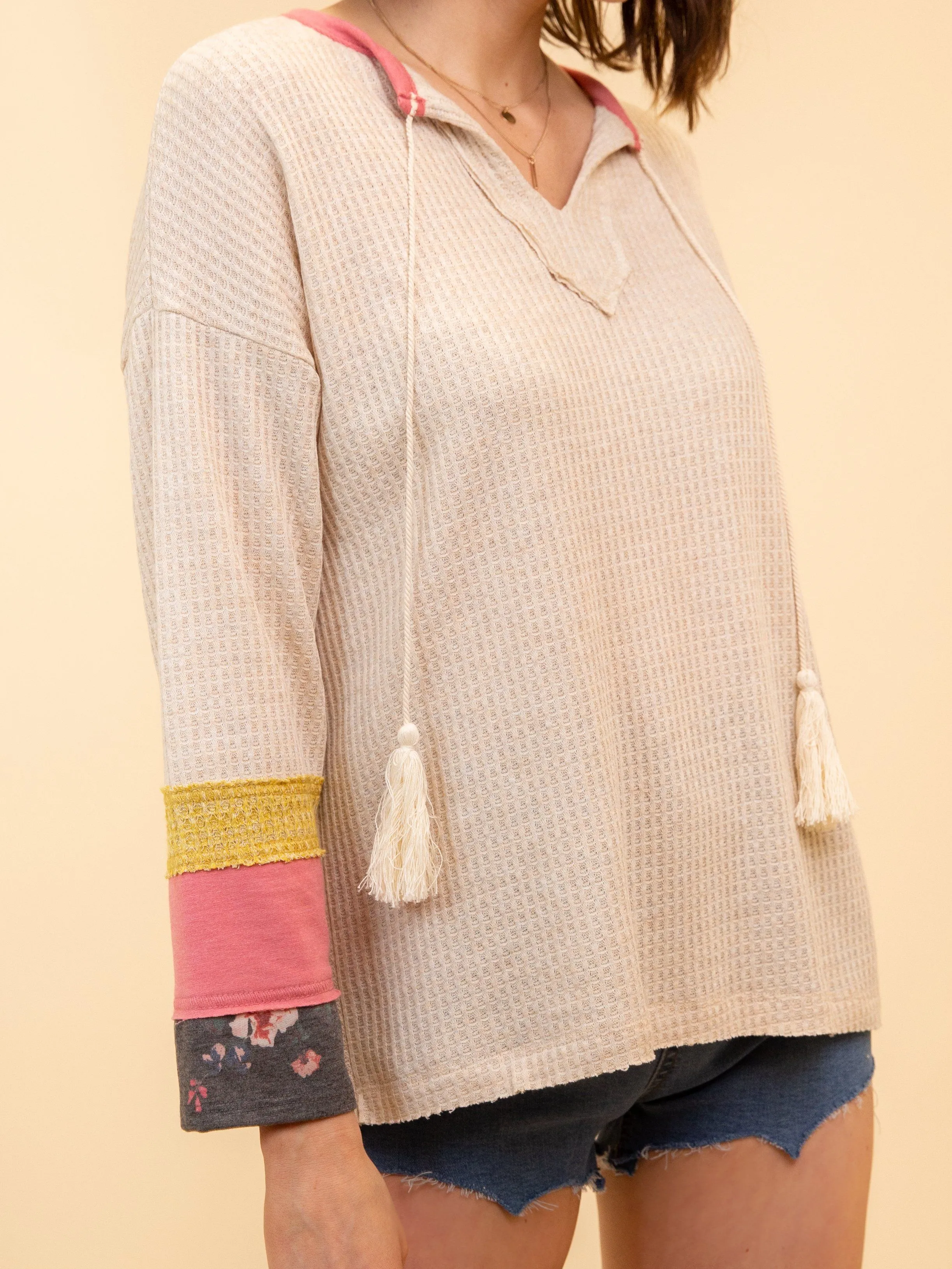 WOMEN'S BEIGE COLOR BLOCK LONG SLEEVE TOP