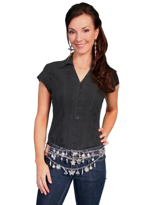 Womens Cantina Collection Top: Cap Sleeve with Floral Soutache Black