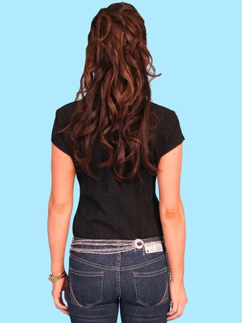 Womens Cantina Collection Top: Cap Sleeve with Floral Soutache Black