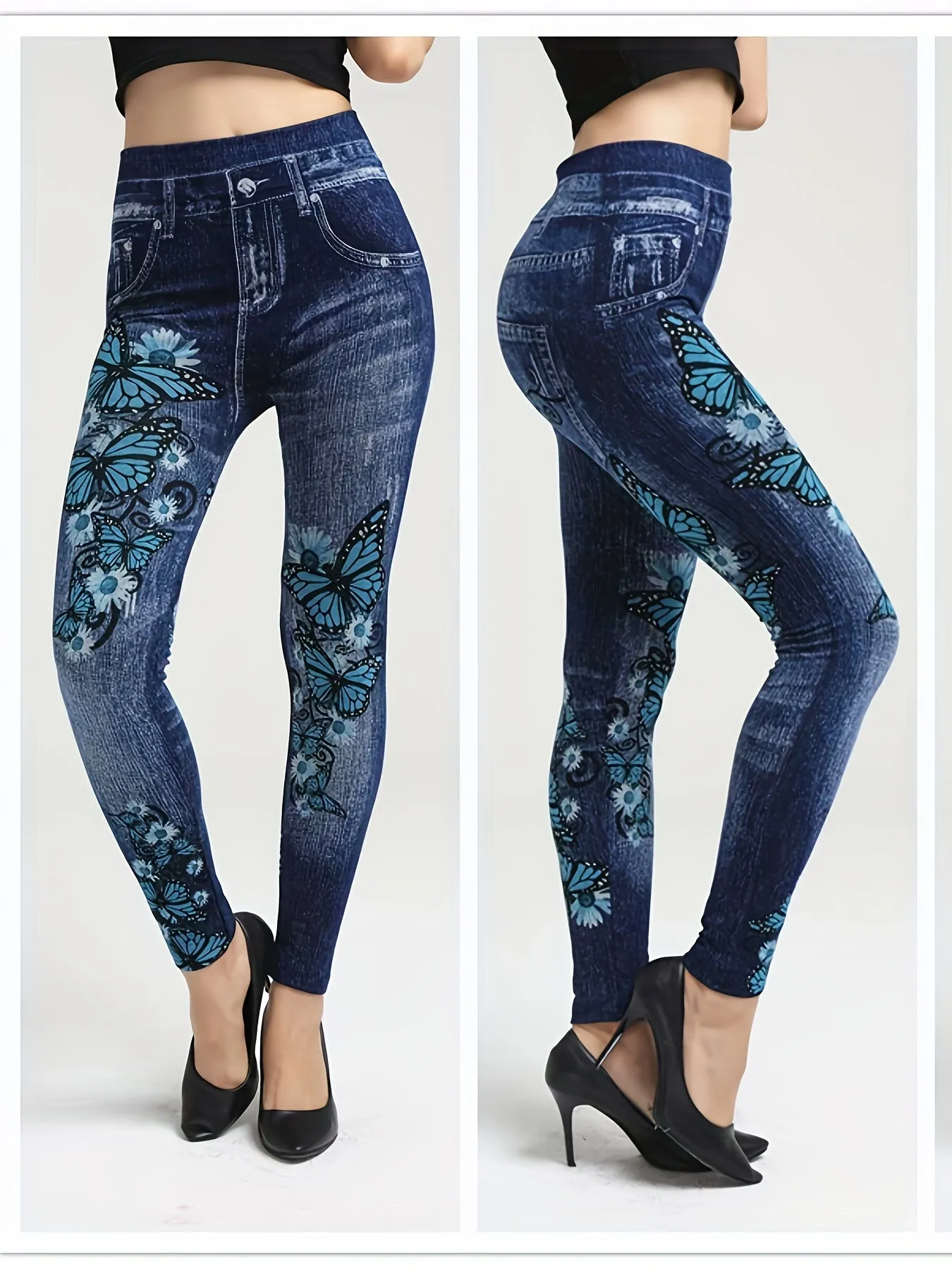 Women's Casual Butterfly Print Skinny Jeans – High Stretch Polyester Denim-Style Leggings