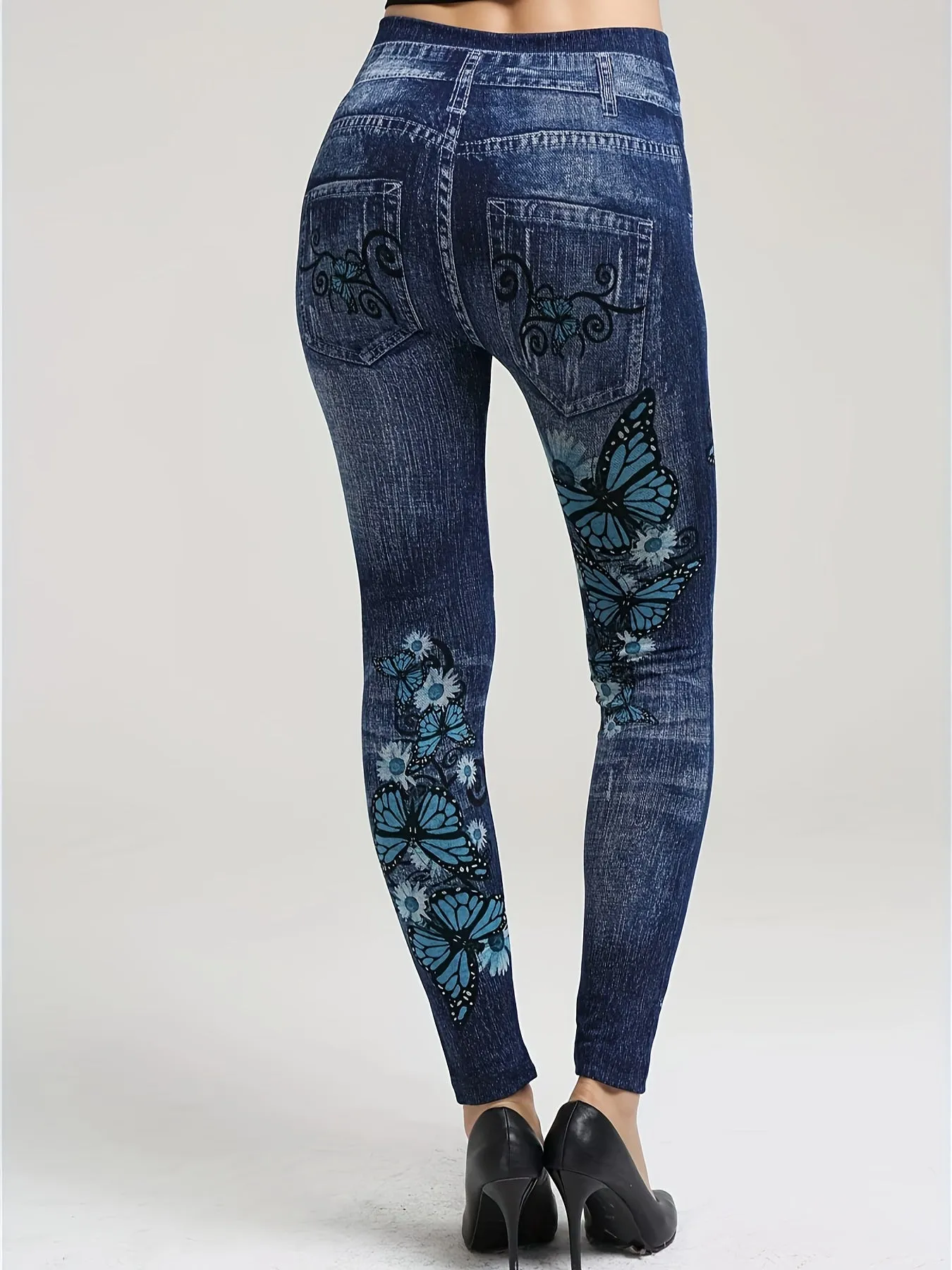 Women's Casual Butterfly Print Skinny Jeans – High Stretch Polyester Denim-Style Leggings