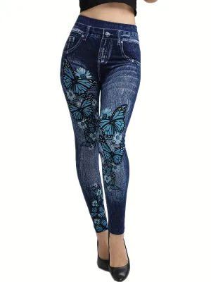 Women's Casual Butterfly Print Skinny Jeans – High Stretch Polyester Denim-Style Leggings