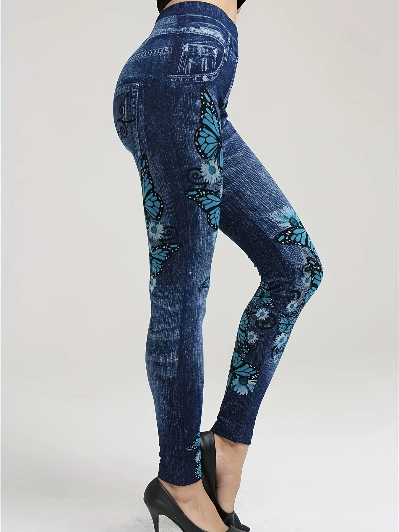 Women's Casual Butterfly Print Skinny Jeans – High Stretch Polyester Denim-Style Leggings
