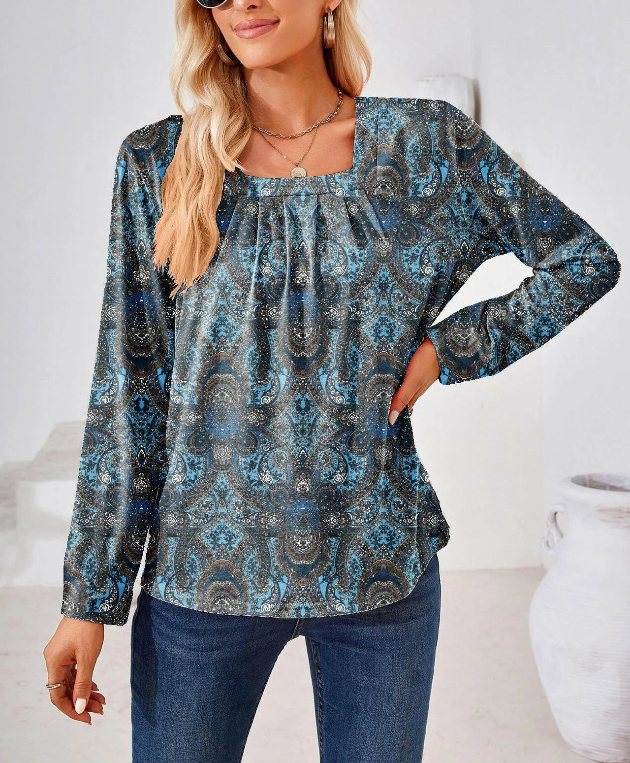 Women's Fashion Casual Square Collar Fold Floral Long Sleeve Loose Top T-shirt