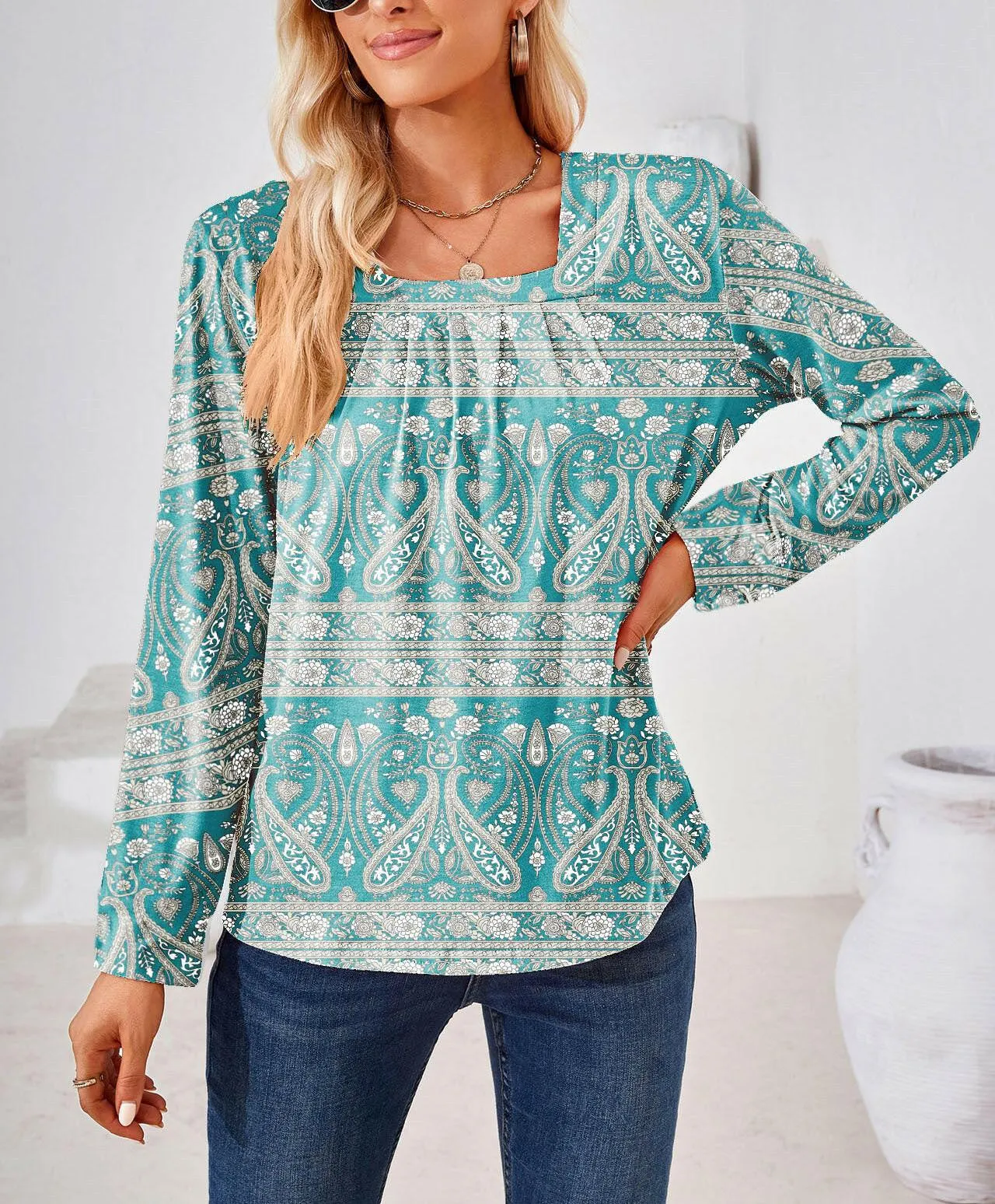 Women's Fashion Casual Square Collar Fold Floral Long Sleeve Loose Top T-shirt