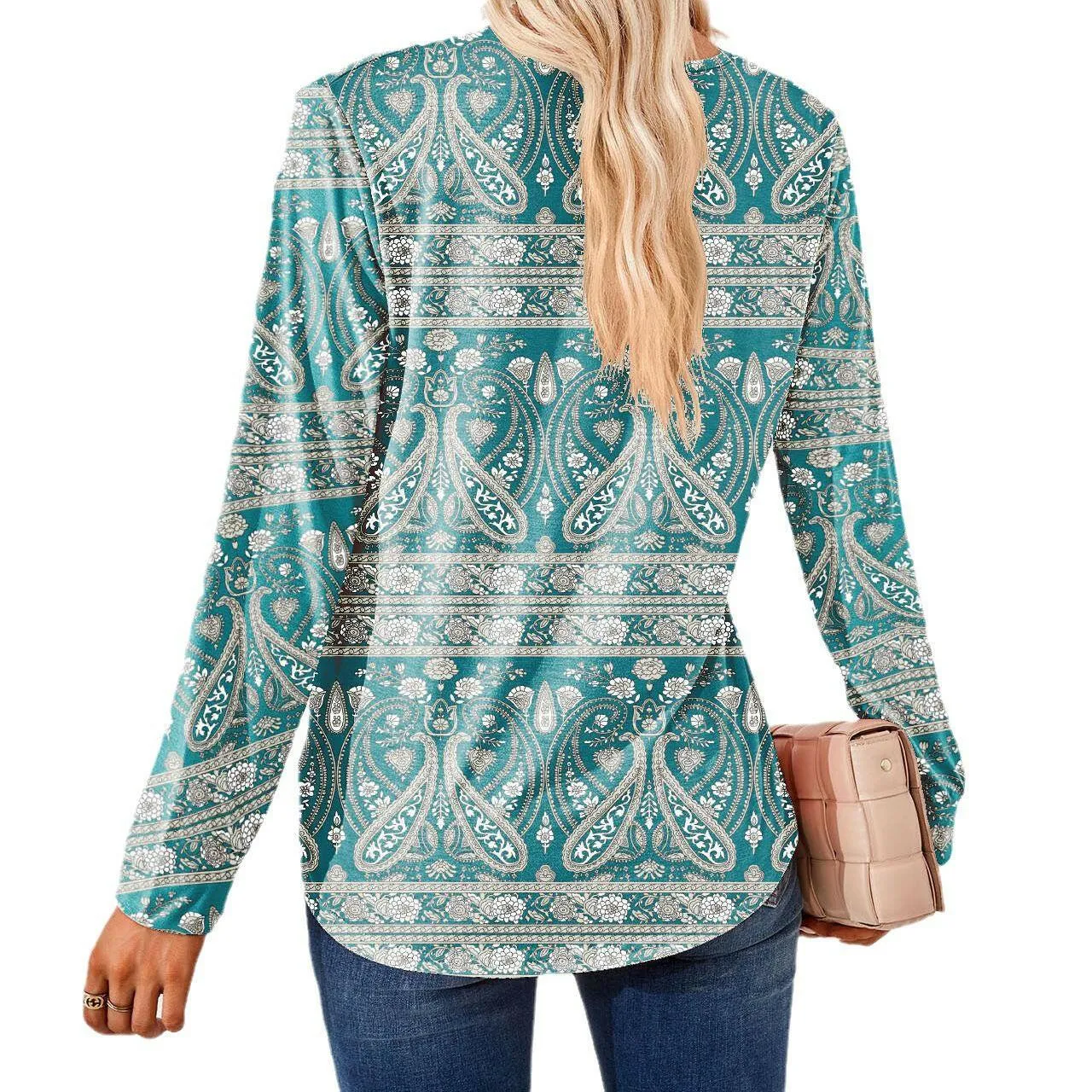 Women's Fashion Casual Square Collar Fold Floral Long Sleeve Loose Top T-shirt