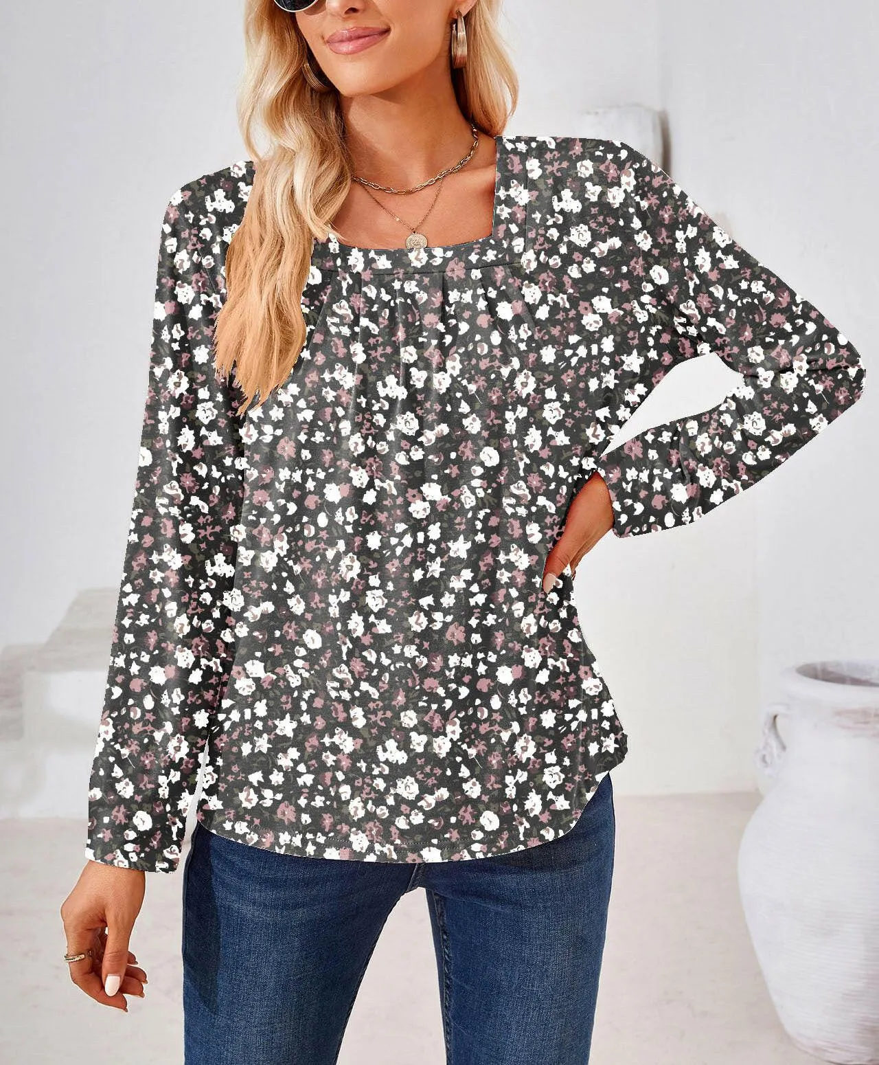 Women's Fashion Casual Square Collar Fold Floral Long Sleeve Loose Top T-shirt