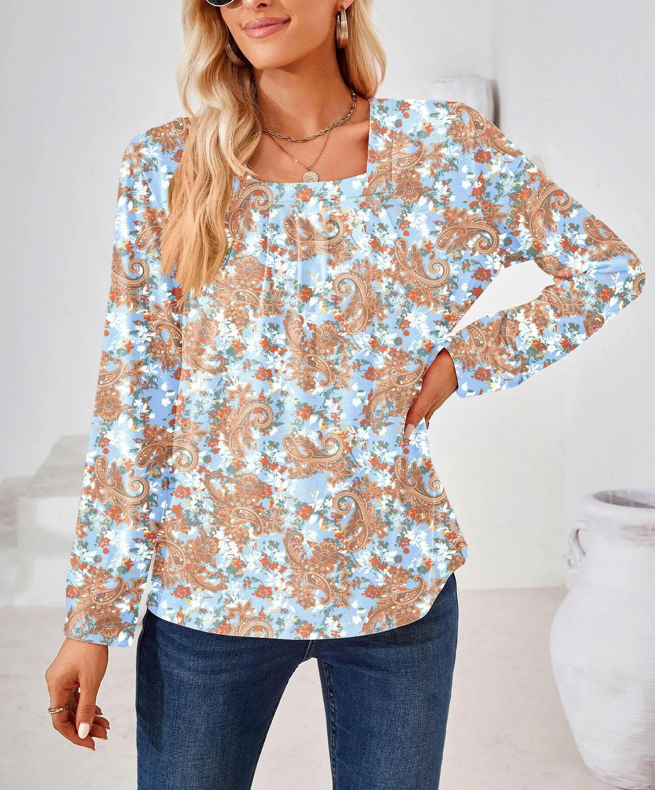 Women's Fashion Casual Square Collar Fold Floral Long Sleeve Loose Top T-shirt