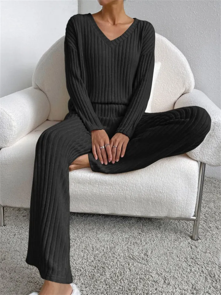 Women's Knitted V Neck Winter Homewear Pajamas ( 2 Pieces )