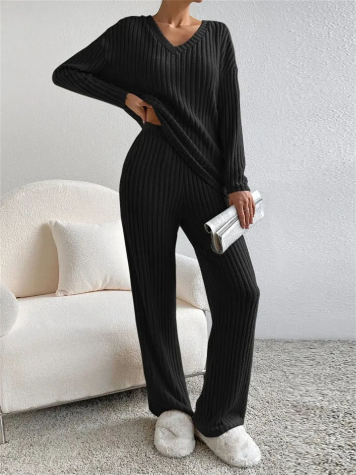 Women's Knitted V Neck Winter Homewear Pajamas ( 2 Pieces )
