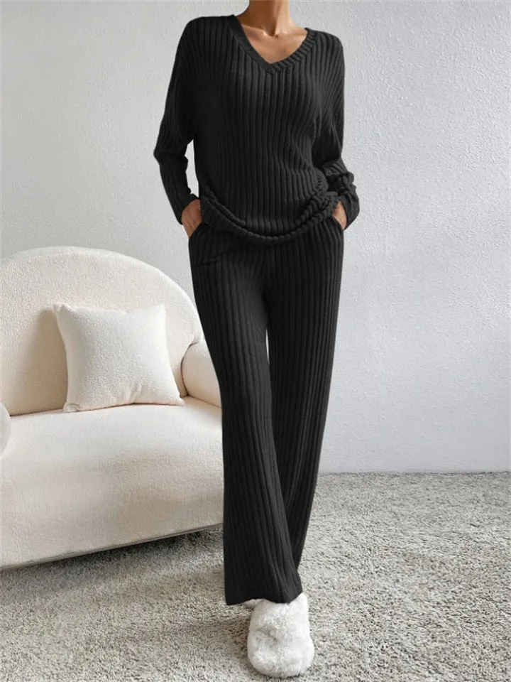 Women's Knitted V Neck Winter Homewear Pajamas ( 2 Pieces )