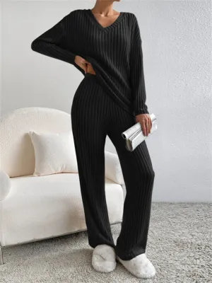 Women's Knitted V Neck Winter Homewear Pajamas ( 2 Pieces )