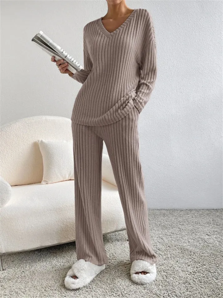 Women's Knitted V Neck Winter Homewear Pajamas ( 2 Pieces )
