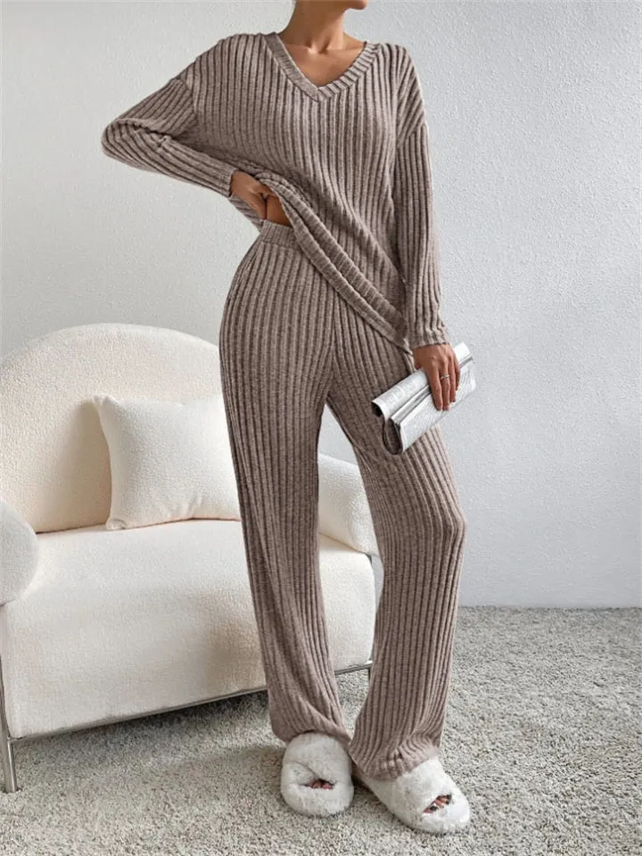 Women's Knitted V Neck Winter Homewear Pajamas ( 2 Pieces )