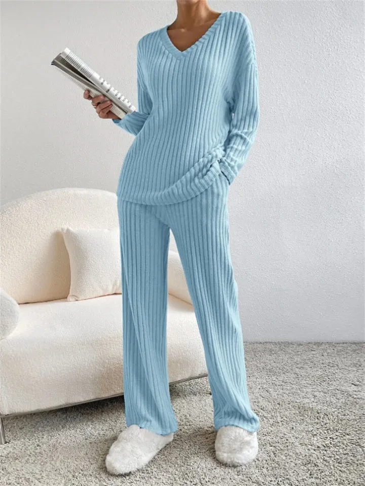 Women's Knitted V Neck Winter Homewear Pajamas ( 2 Pieces )