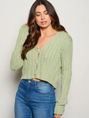 WOMEN'S LONG SLEEVE BUTTON UP CABLE KNIT CARDIGAN