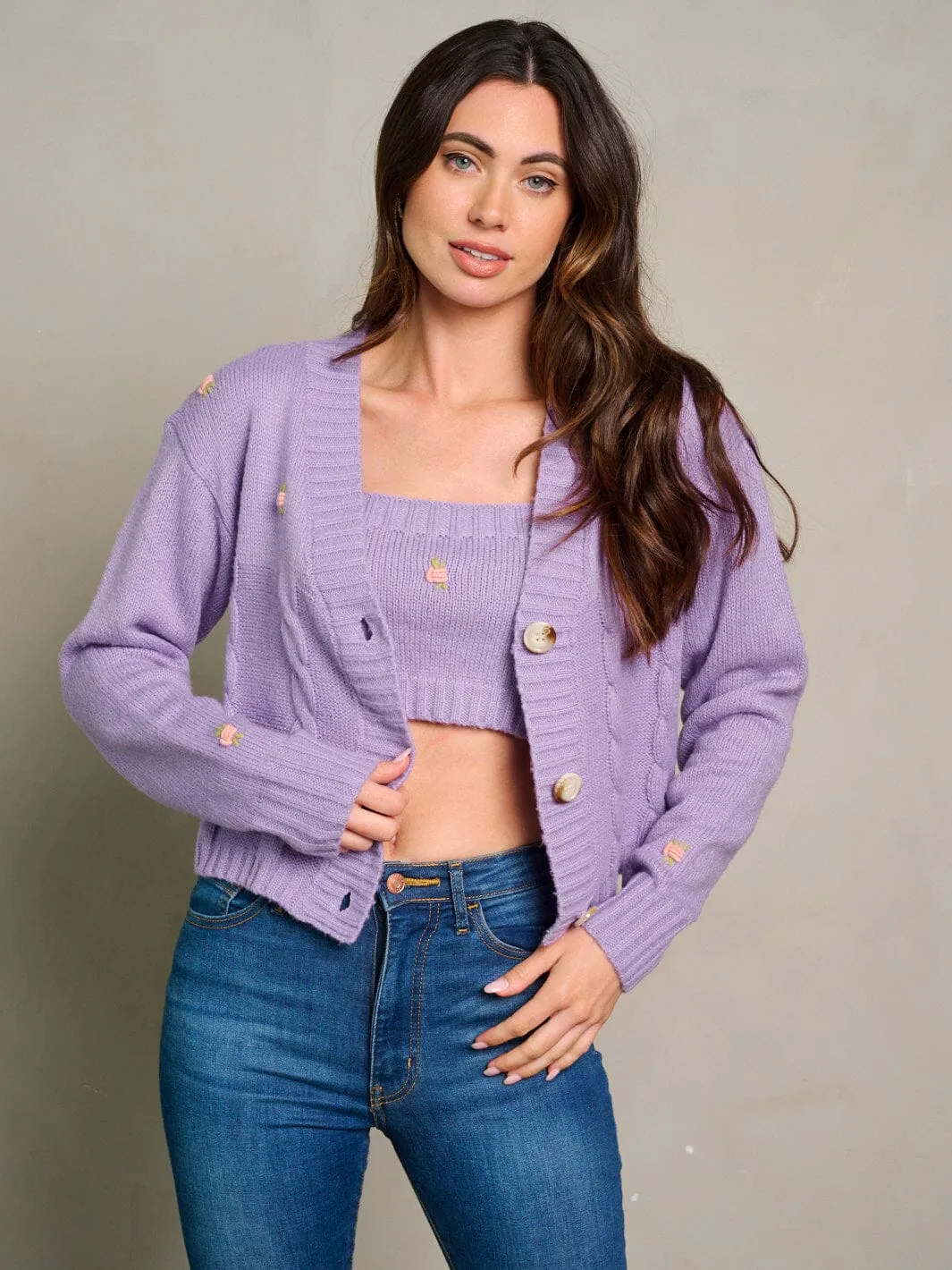 WOMEN'S LONG SLEEVE BUTTON UP CARDIGAN & TANK TOP KNIT SET