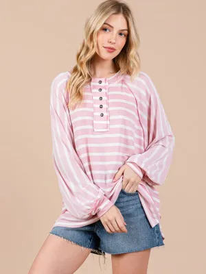 WOMEN'S LONG SLEEVE BUTTON UP STRIPES COLORBLOCK TOP