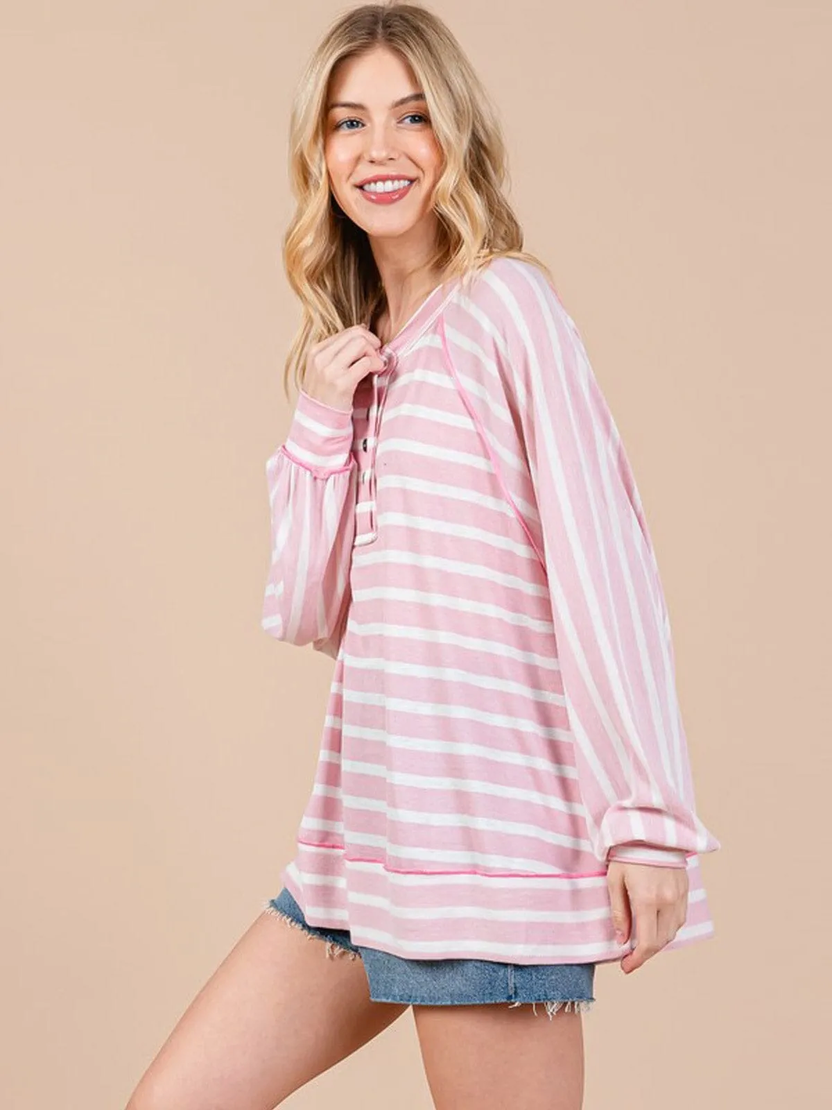 WOMEN'S LONG SLEEVE BUTTON UP STRIPES COLORBLOCK TOP