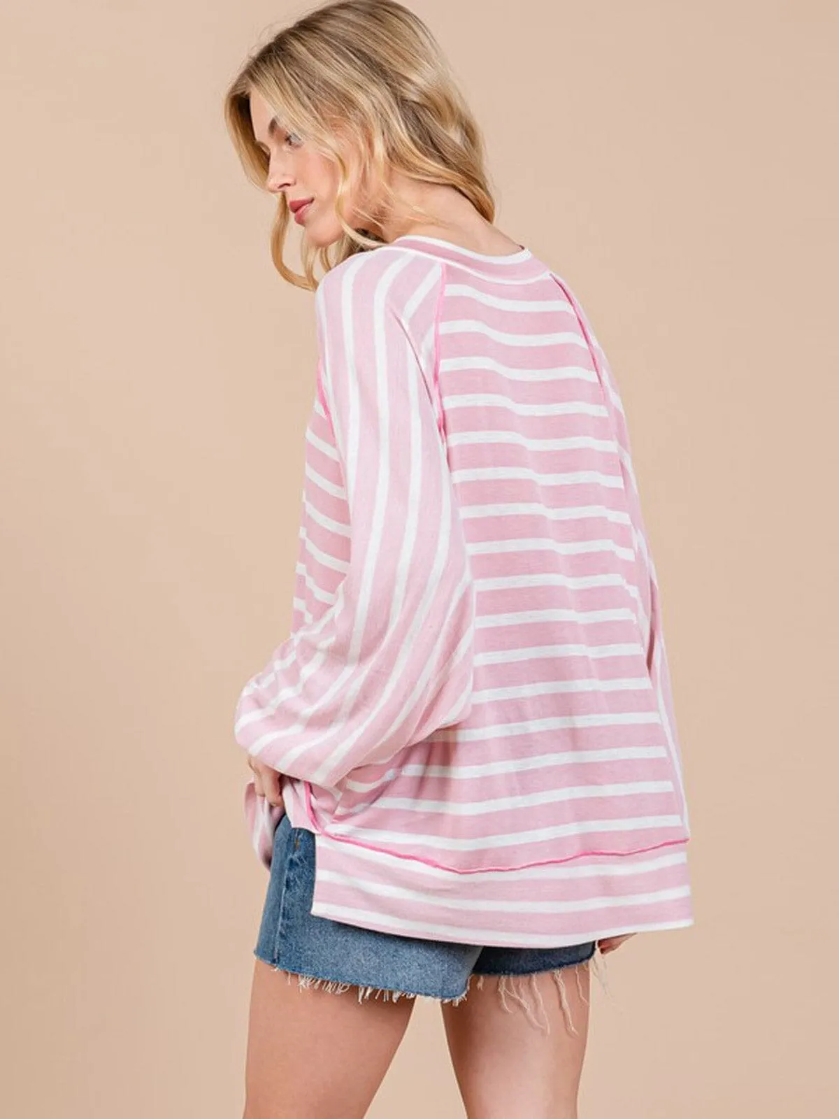 WOMEN'S LONG SLEEVE BUTTON UP STRIPES COLORBLOCK TOP