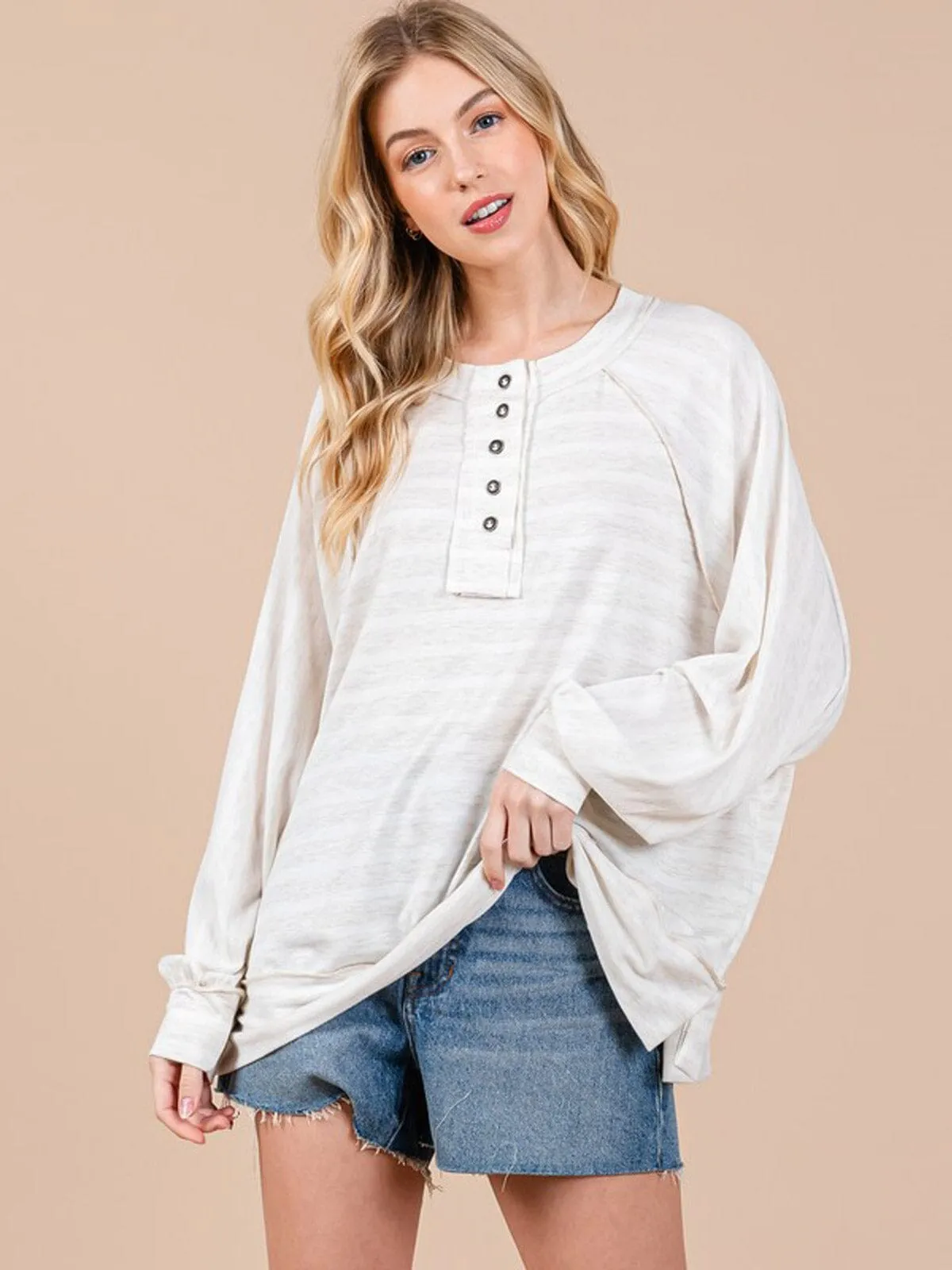 WOMEN'S LONG SLEEVE BUTTON UP STRIPES COLORBLOCK TOP