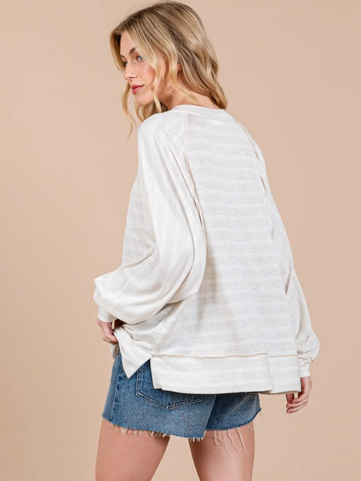 WOMEN'S LONG SLEEVE BUTTON UP STRIPES COLORBLOCK TOP