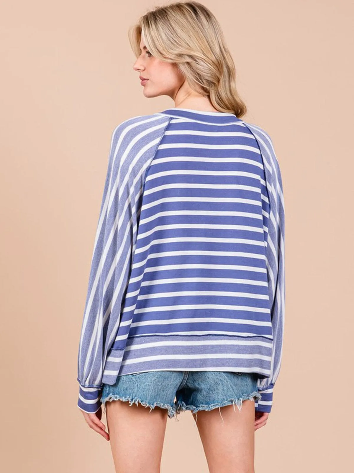 WOMEN'S LONG SLEEVE BUTTON UP STRIPES COLORBLOCK TOP