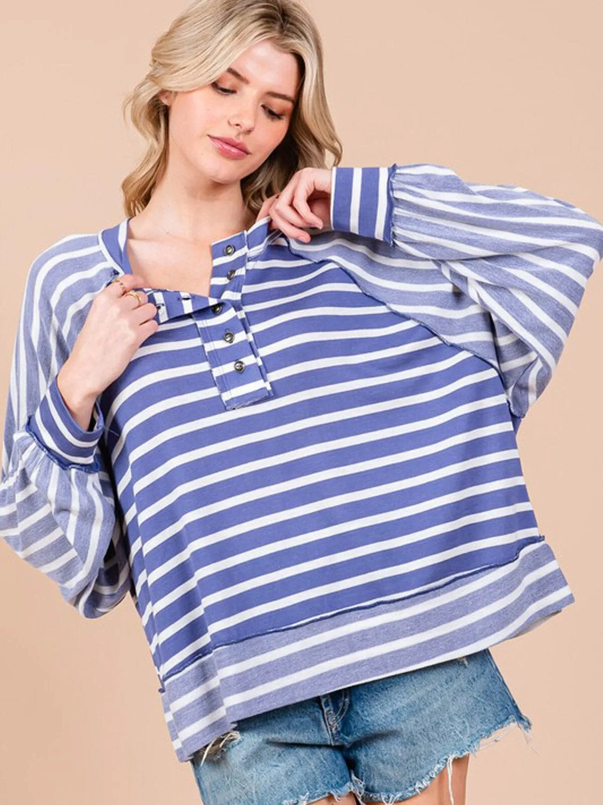 WOMEN'S LONG SLEEVE BUTTON UP STRIPES COLORBLOCK TOP