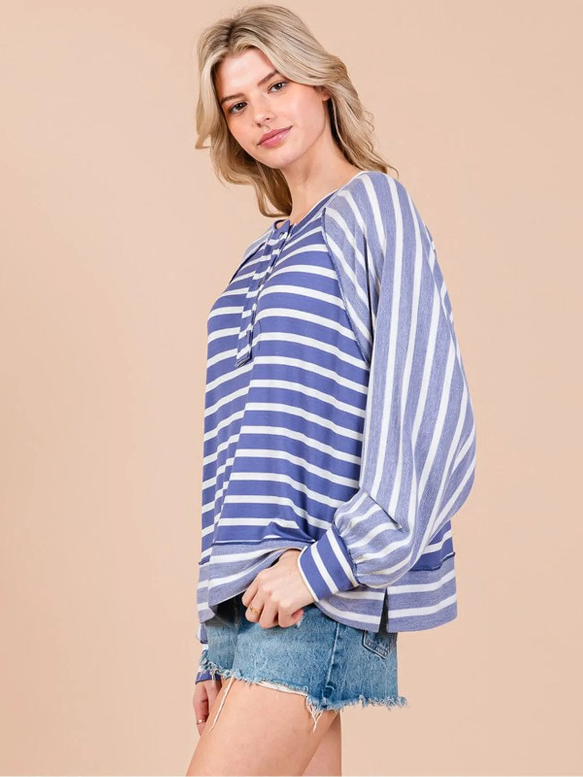 WOMEN'S LONG SLEEVE BUTTON UP STRIPES COLORBLOCK TOP