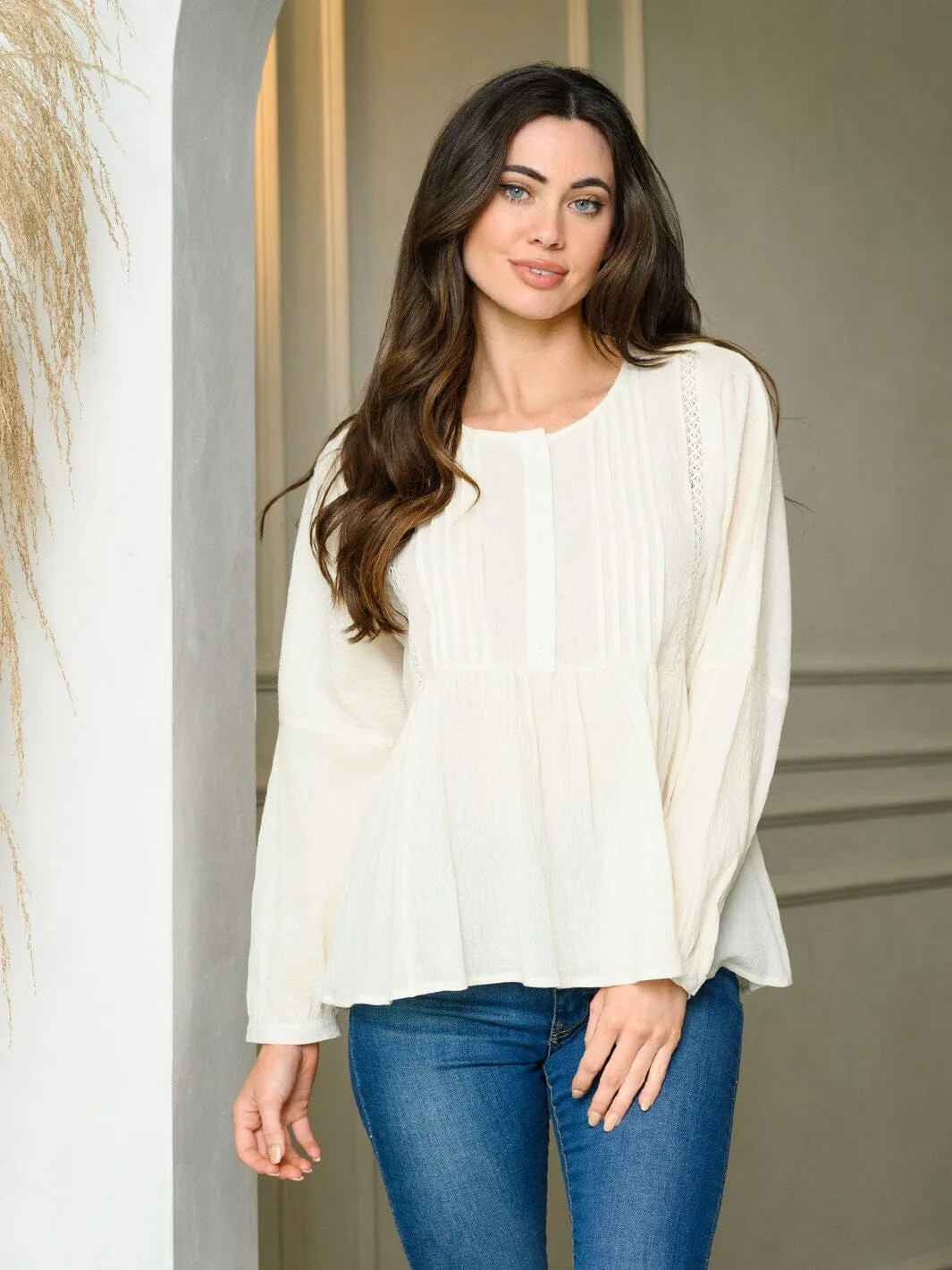 WOMEN'S LONG SLEEVE PINTUCK DETAILED TUNIC TOP