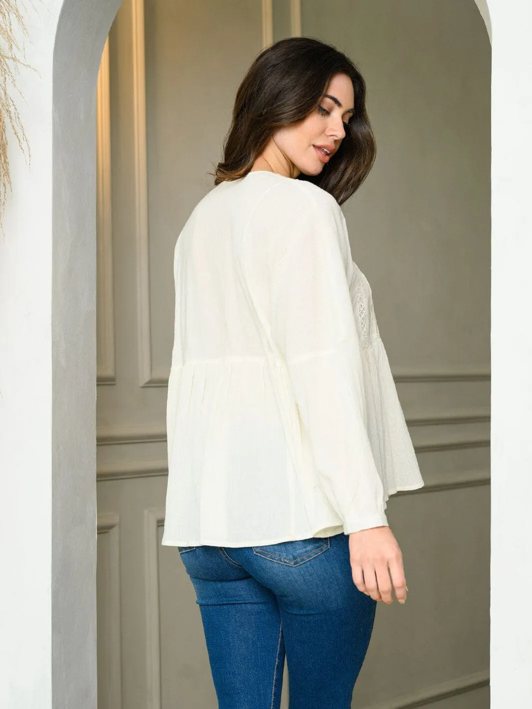 WOMEN'S LONG SLEEVE PINTUCK DETAILED TUNIC TOP