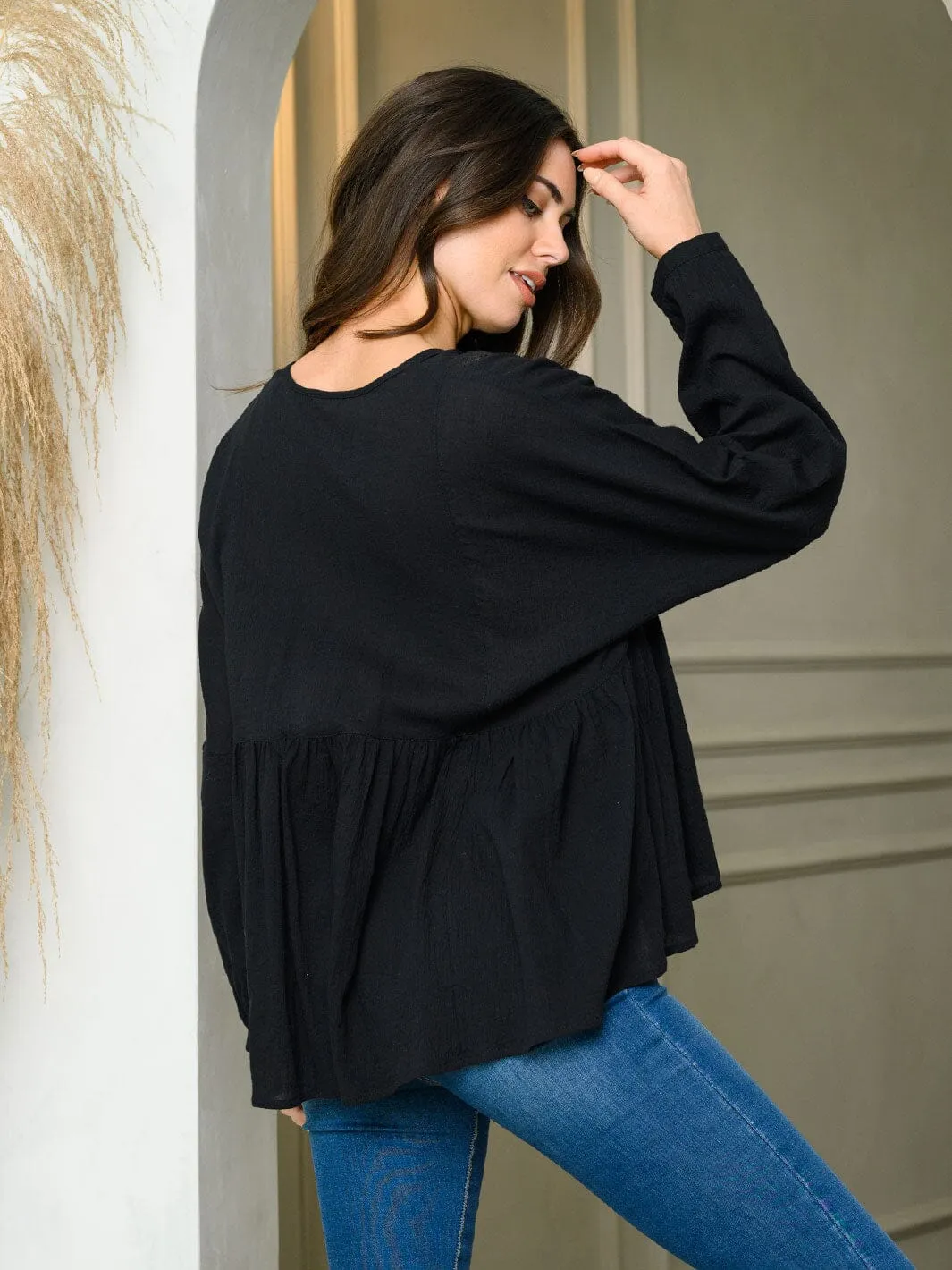 WOMEN'S LONG SLEEVE PINTUCK DETAILED TUNIC TOP