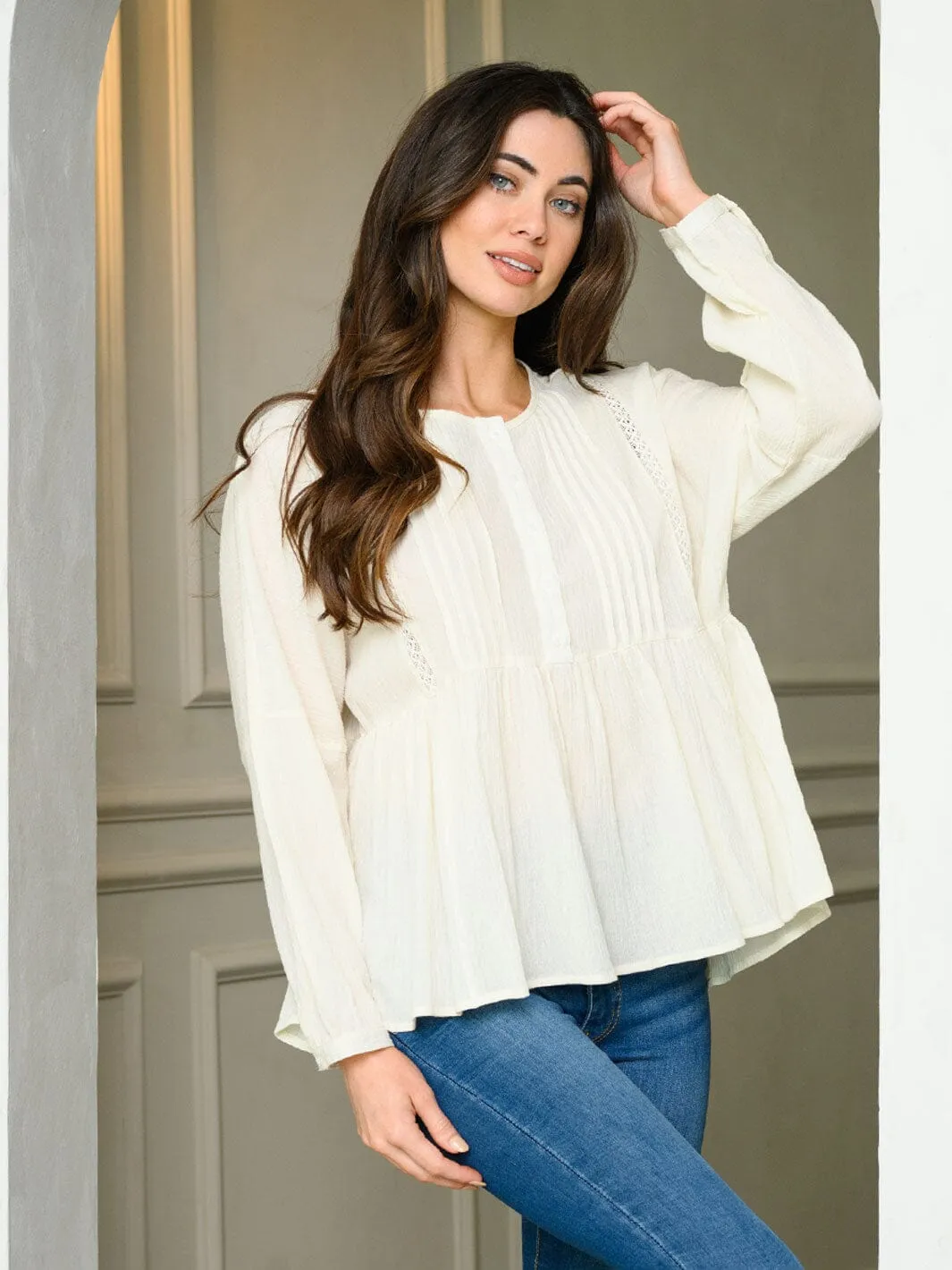 WOMEN'S LONG SLEEVE PINTUCK DETAILED TUNIC TOP