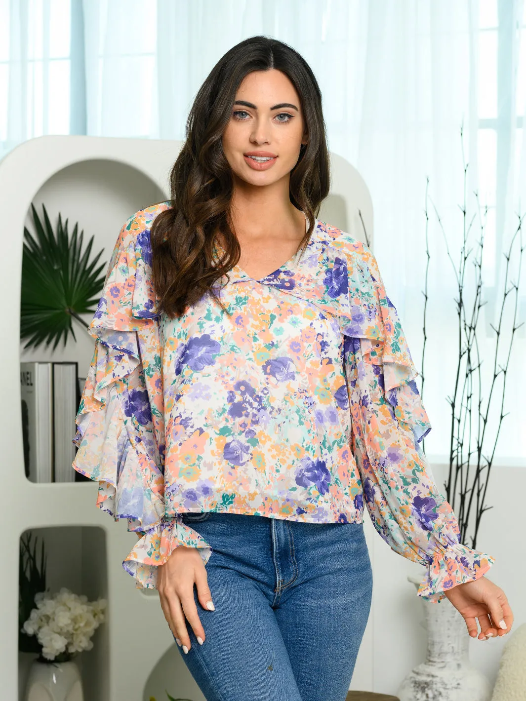 WOMEN'S LONG SLEEVE RUFFLE FLORAL PRINT TOP