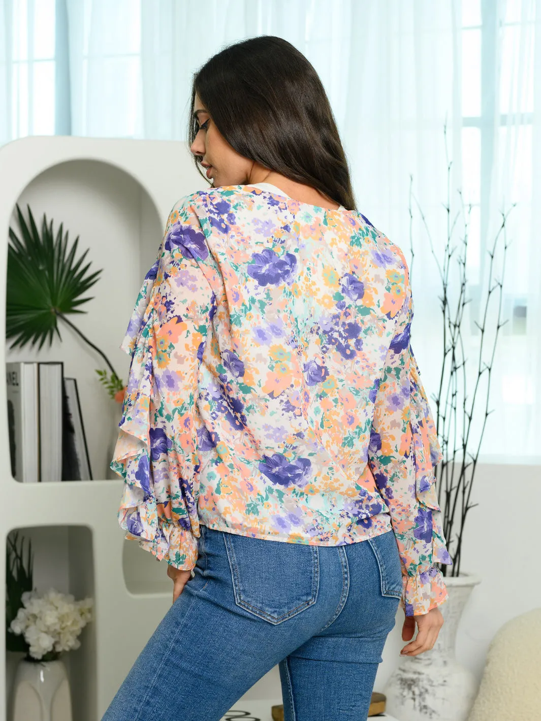 WOMEN'S LONG SLEEVE RUFFLE FLORAL PRINT TOP