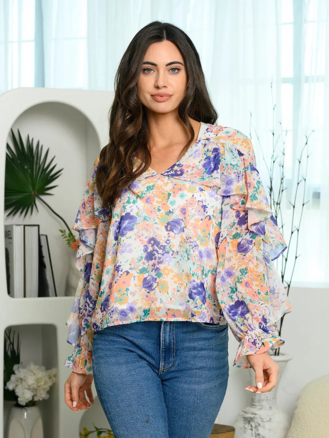 WOMEN'S LONG SLEEVE RUFFLE FLORAL PRINT TOP
