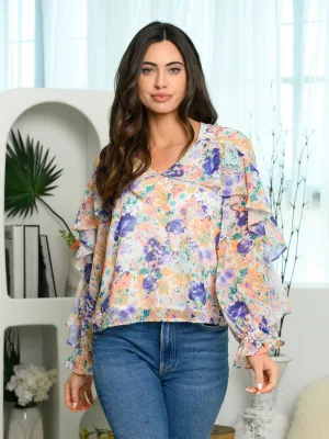 WOMEN'S LONG SLEEVE RUFFLE FLORAL PRINT TOP