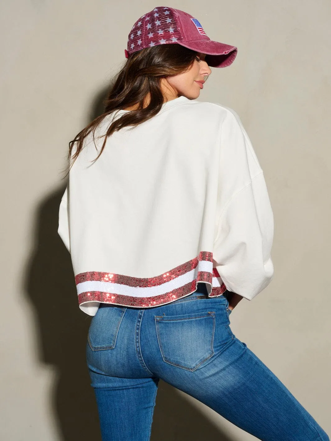 WOMEN'S LONG SLEEVE SEQUINS AMERICA PATRIOTIC TOP