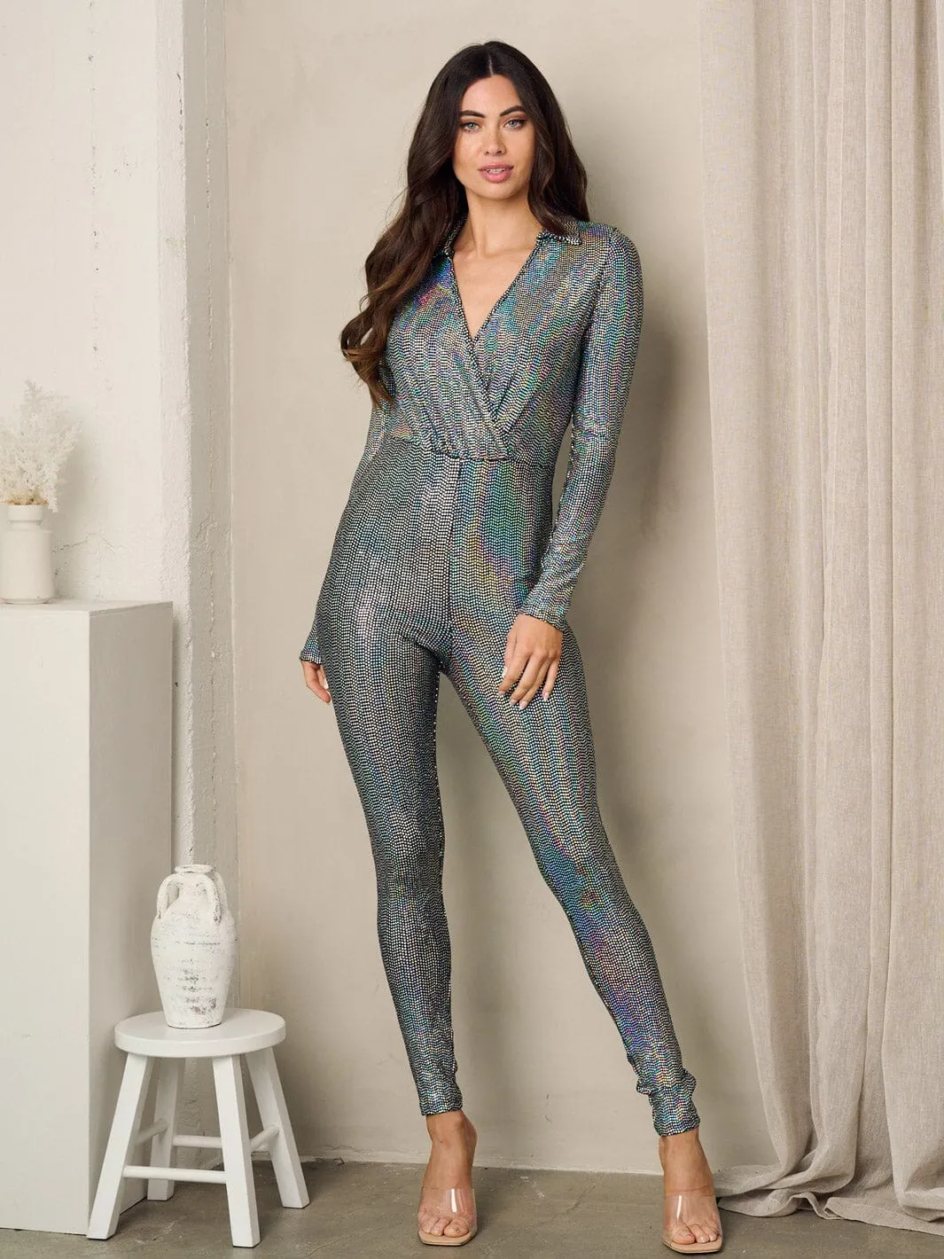 WOMEN'S LONG SLEEVE SURPLICE SEQUINS JUMPSUIT