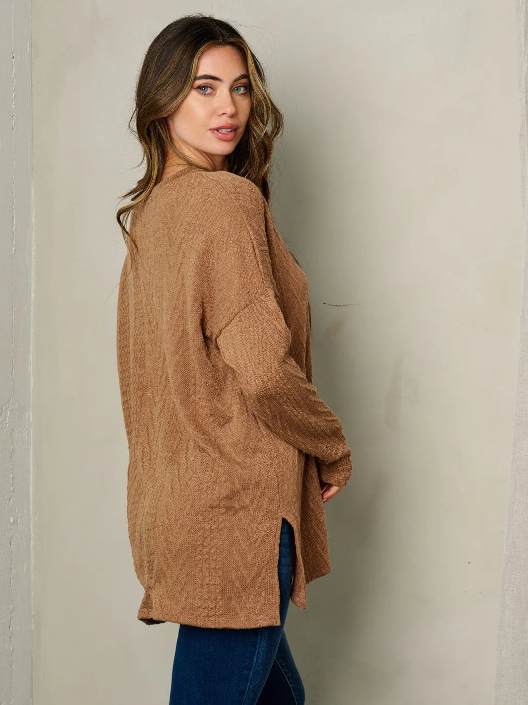 WOMEN'S LONG SLEEVE V-NECK CABLE KNIT LOOSE FIT TOP