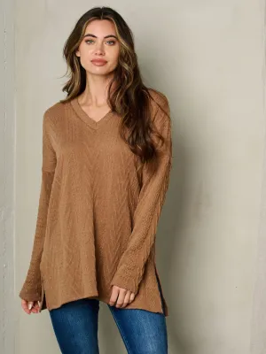 WOMEN'S LONG SLEEVE V-NECK CABLE KNIT LOOSE FIT TOP