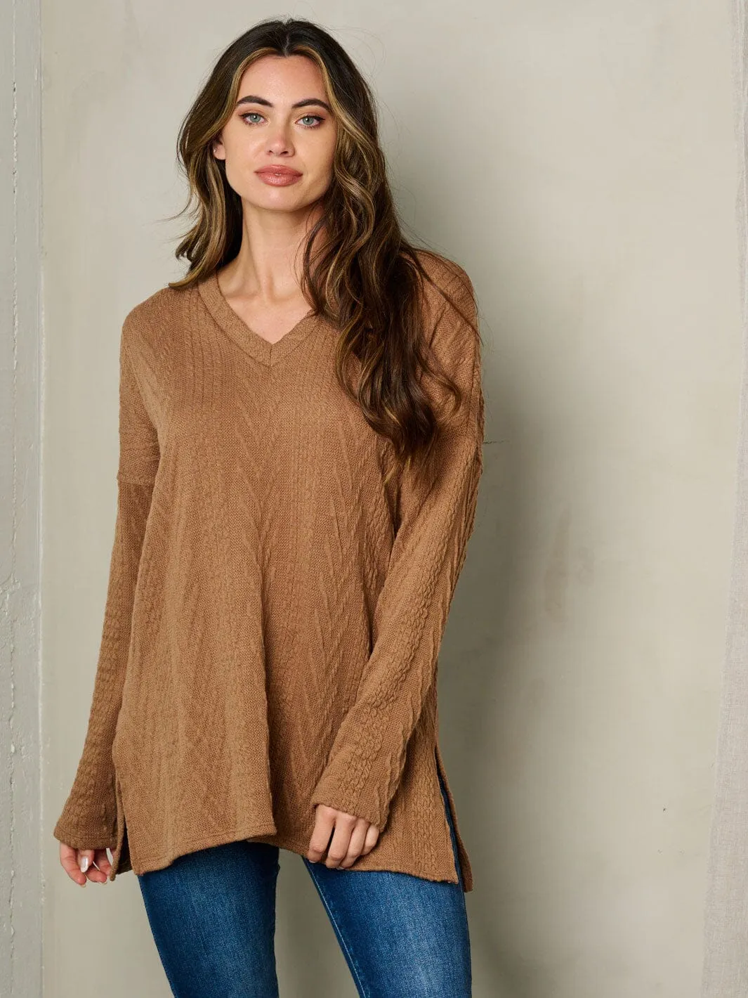 WOMEN'S LONG SLEEVE V-NECK CABLE KNIT LOOSE FIT TOP