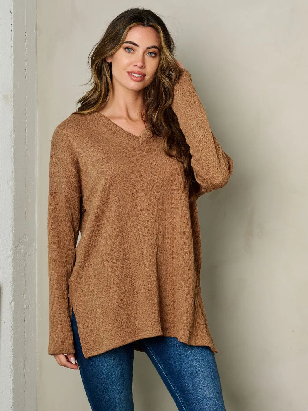 WOMEN'S LONG SLEEVE V-NECK CABLE KNIT LOOSE FIT TOP