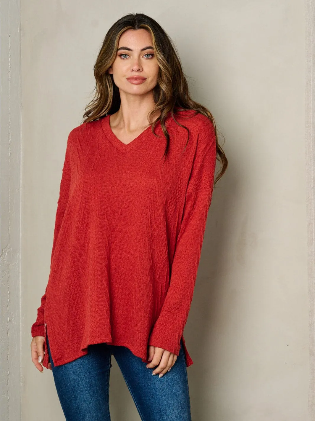 WOMEN'S LONG SLEEVE V-NECK CABLE KNIT LOOSE FIT TOP