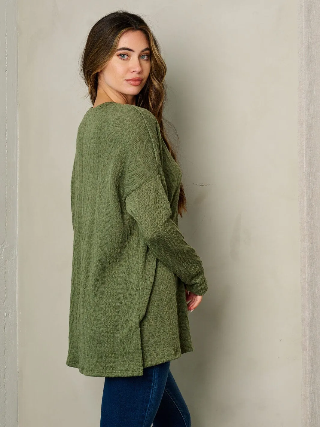 WOMEN'S LONG SLEEVE V-NECK CABLE KNIT LOOSE FIT TOP