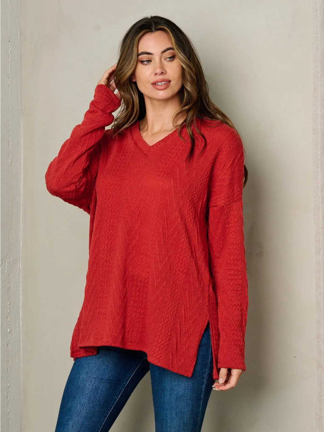 WOMEN'S LONG SLEEVE V-NECK CABLE KNIT LOOSE FIT TOP