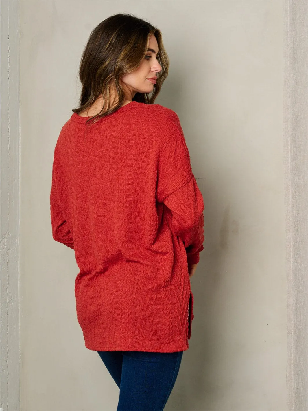 WOMEN'S LONG SLEEVE V-NECK CABLE KNIT LOOSE FIT TOP