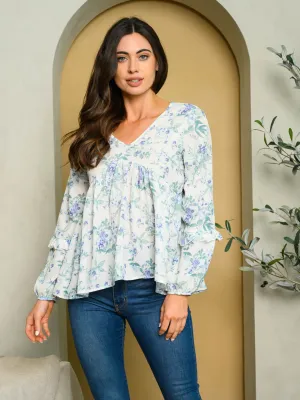 WOMEN'S LONG SLEEVE V-NECK FLORAL TOP